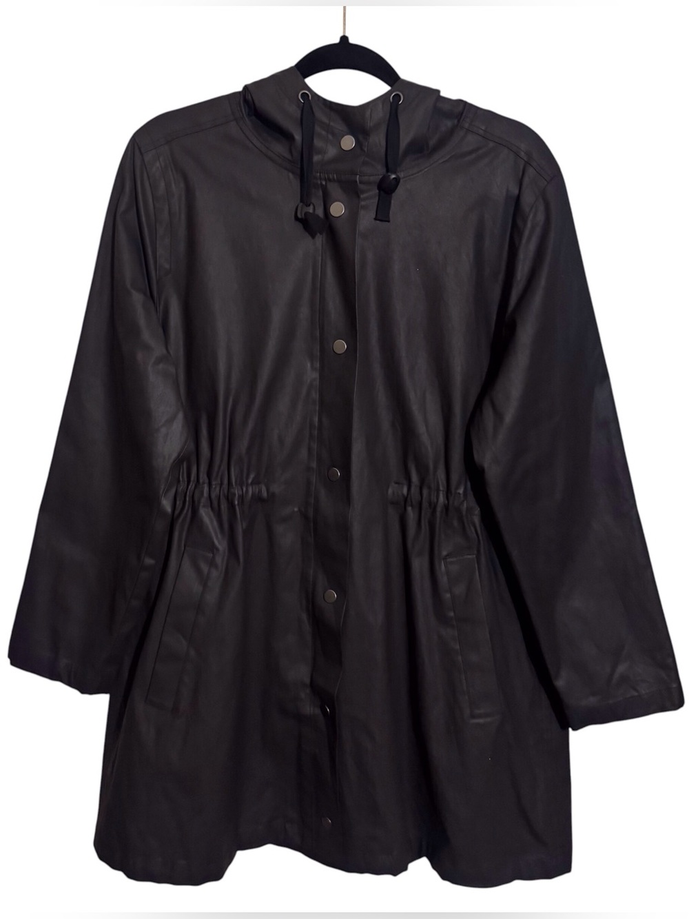 Eileen Fisher Size Petite Large Black Full Zip Waxed Jacket Hood Pockets Outdoor